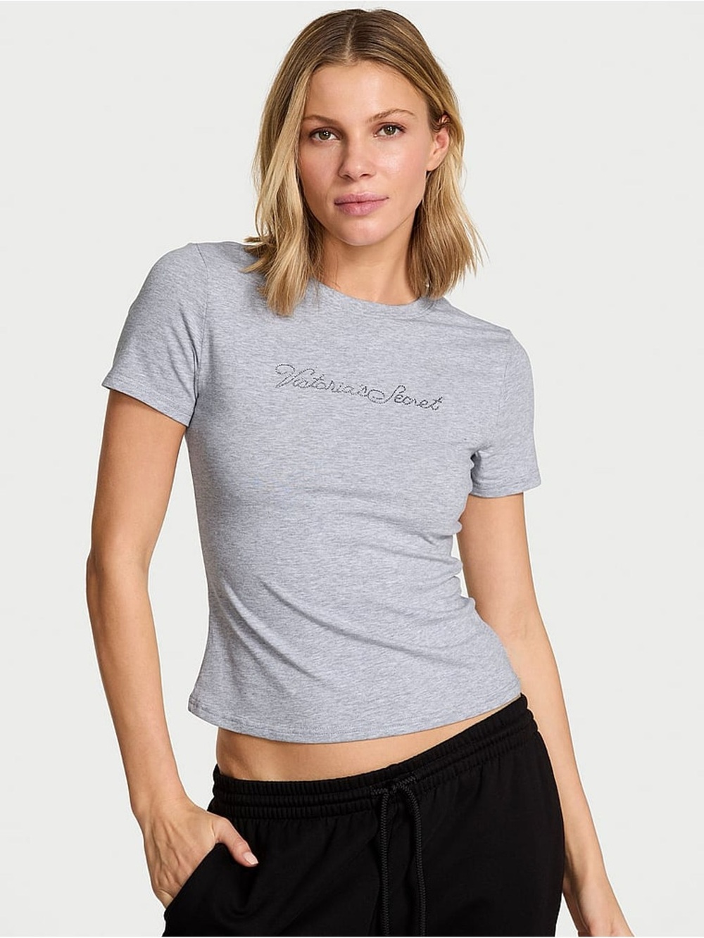 Victoria’s Secret Rhinestone Heather Gray Fashion Show Cropped T-Shirt